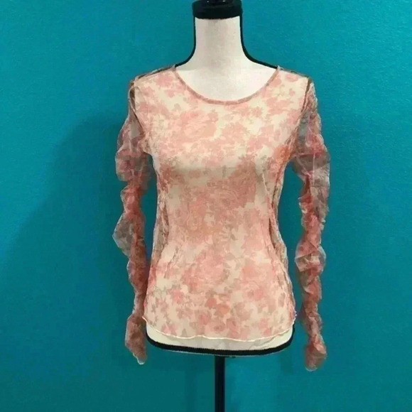 New with tags Zara orange floral print long ruched sleeve sheer mesh top - Picture 1 of 9